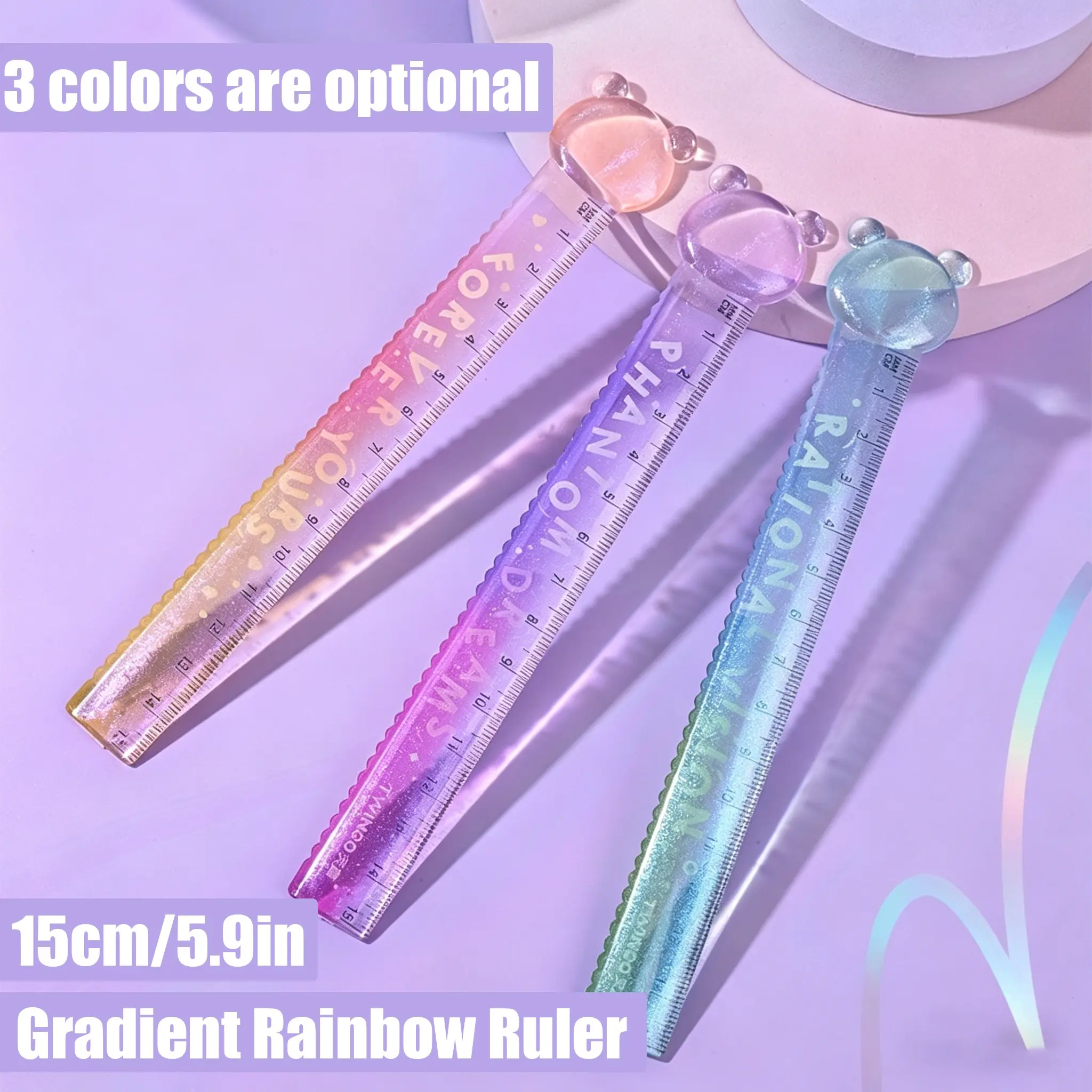 1pc, 3pcs 15cm cute bear gradient ruler, 3 color options, wavy edge straight ruler, thickened material, clear markings, easy to draw, student stationery, learning supplies
