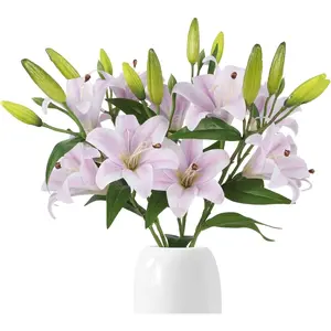 Artificial Lilies 6PCS 26.7" Silk Lily Flowers with 12 Heads Fully Bloomed Lilies and 18 Buds, Long Stem Faux Lilies for Home Party Wedding Easter Decor(Light Purple)