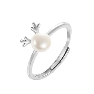 EAMTI 925 Sterling Silver Pearl Rings Fashion Elk Design Adjustable Branch Rings White Fresh Water Pearl Rings Open Simple Style Elk Rings for Women