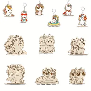 Wooden Unicorn Pattern Keychain, DIY Craft Wooden Blank Keychain, Creative Keychain for Home Active Keyring Party Favors Gifts