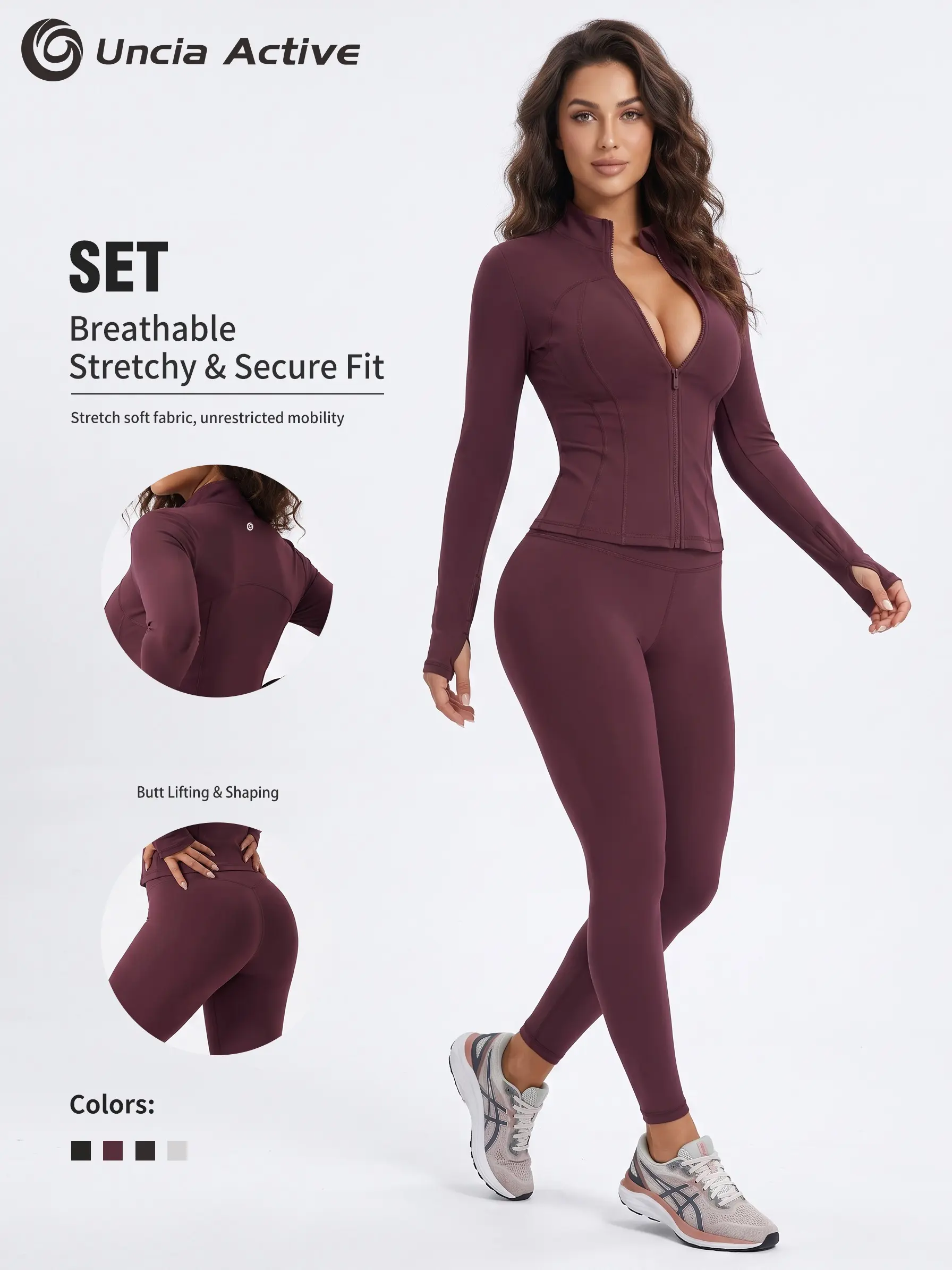 Women's Full Zip Stand Collar Compression Workout Outfit Long Sleeve Athletic Jacket High Waist Yoga Leggings 2 Piece Activewear Set