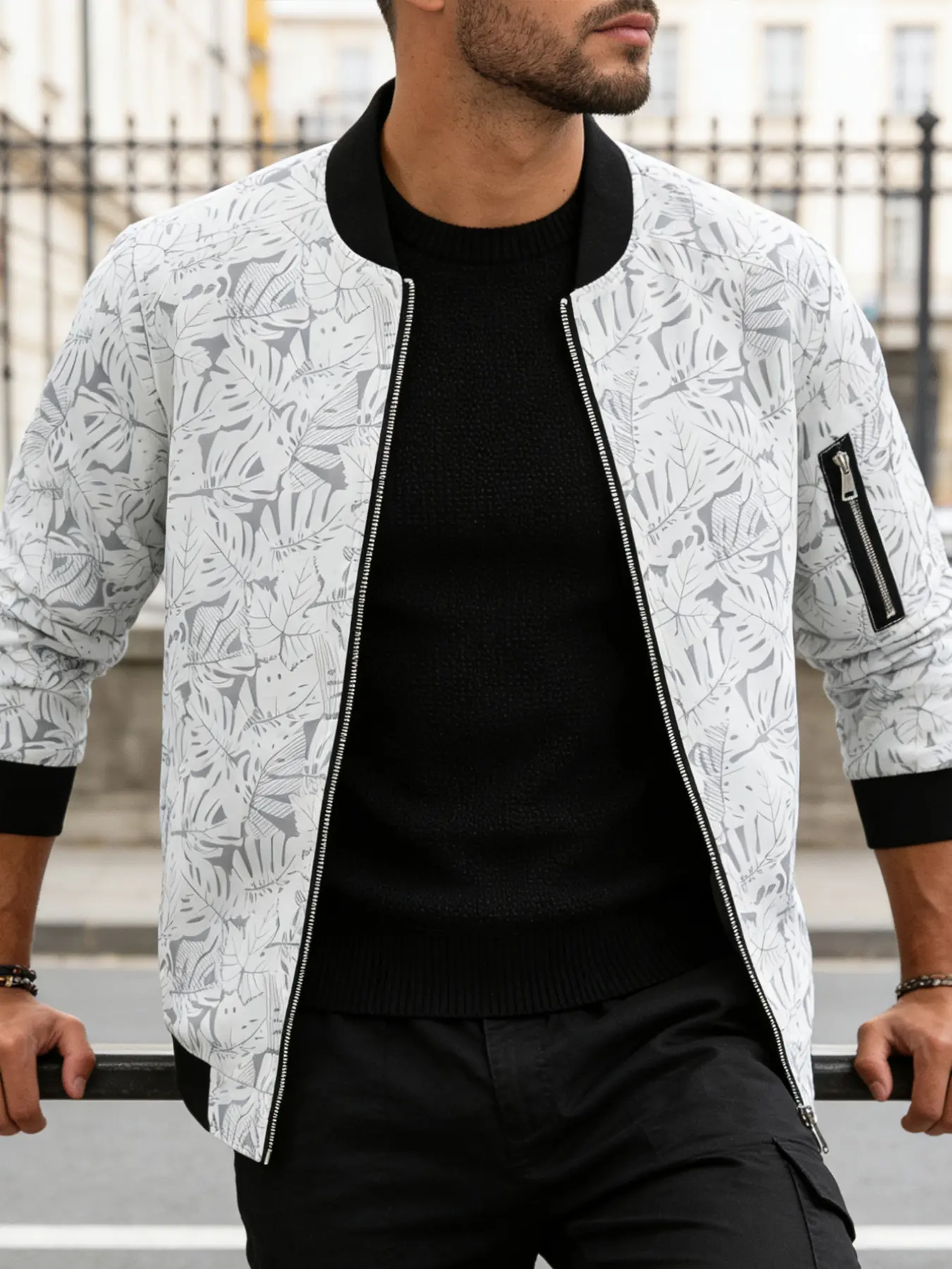 Men's spring and autumn lightweight casual jacket, Casual sportswear jacket, Sporty, Fitted, zipper closure, printed sports baseball collar, 100% polyester fiber, machine washable, suitable for daily outings, casual sports wear