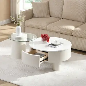 Luxury Nesting Coffee Table Set of 2, Living Room Round Center Table with Storage Drawer and End Table, Large: 27.56'' Small: 19.69'', White