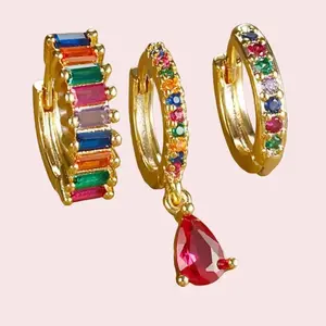3PCS Rainbow Colorful Cubic Zirconia Stainless Steel Hoop Earrings for Women Elegant Sparkling Shine Versatile Design