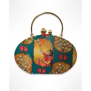 Noor Mini Clutch - Embellished Oval Clutch with Mughal Art, Pearls & Crystals