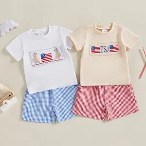 Toddler Baby 4th Of July Outfit Letter Embroidery Short Sleeve T Shirt Plaid Shorts Set Infant Summer Clothes Unisex