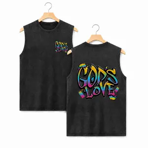 Men's Vintage Acid-Washed Sleeveless Distressed Tank Top - God's Love Vibrant Rainbow Graffiti Double-Side Print, Mini Chest Graphic - Casual Menswear Clothes for Summer Streetwear (Christian Audience)