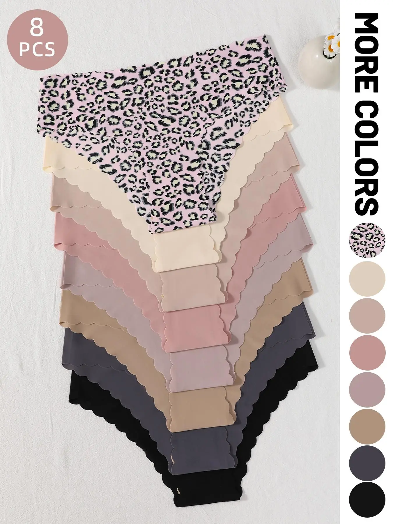 8-piece seamless scallop-shaped women's panties; comfortable, breathable, Smooth and Fit, Casual Chic thong; ice silk printed panties; solid color with leopard print; for all seasons and daily wear Lingerie Soft Comfy Panties, Seamfree Panties