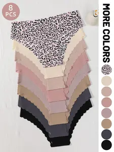 8-piece seamless scallop-shaped women's panties; comfortable, breathable, Smooth and Fit thong; ice silk printed panties; solid color with leopard print; for all seasons and daily wear