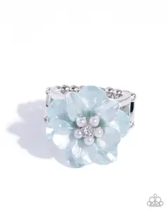 Pinched Petals - Blue Flower White Pearl Center Silver Ring - Paparazzi