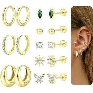 YADOCA Hypoallergenic Plated Gold Studs Earrings for Women Flat Back Stud Cartilage Earring Set Surgical Steel for Sensitive Ear 14K Plated Gold Small Huggie Hoop Flatback Earrings for Helix Piercing Jewelry