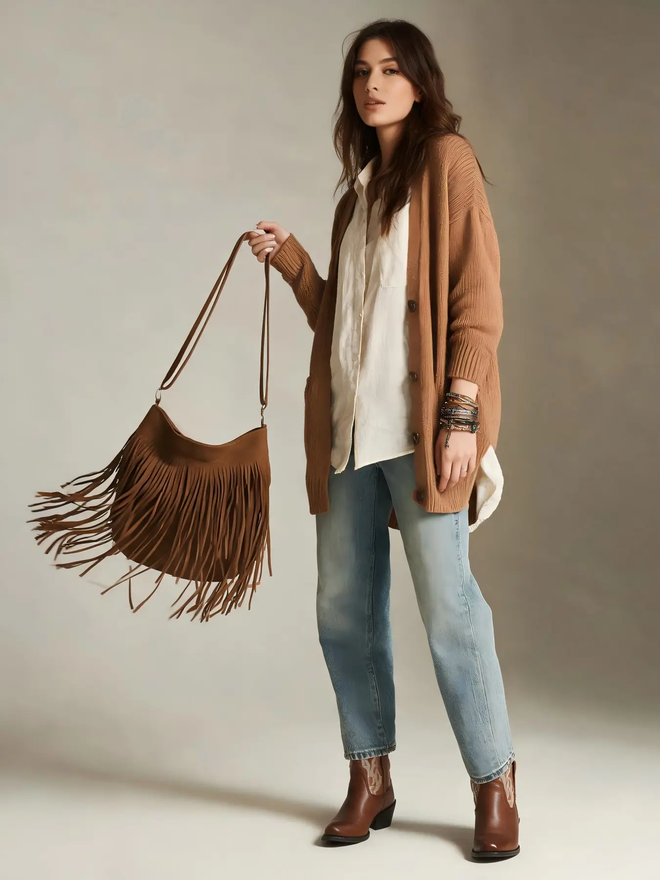 Retro Western Cowboy Fringe Saddle Bag, Boho Crossbody Shoulder Bag, Elegant PU Material, All Seasons Fashion Accessory, Fashionable Crossbody Bag, Bohemian Crossbody Bag