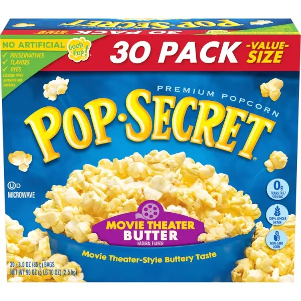 Halal Crispy Popcorn Snack - Movie Theater Butter Flavor, 3 Oz Snack Size Sharing Bags, 30 Ct Bulk Popcorn, Ambient Treat for Children & Watch Parties