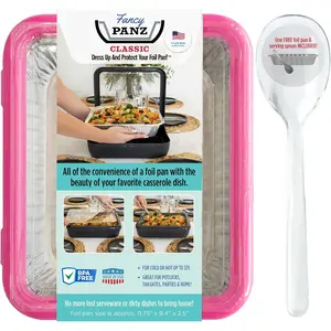 Food Serving Tray, Made in the USA Foil Pan Carrier, Stackable Aluminum Pan Holders with Clear Lid, Travel Casserole Carrier with 1 Disposable Foil Pan & Serving Spoon, Hot Pink Fancy Panz