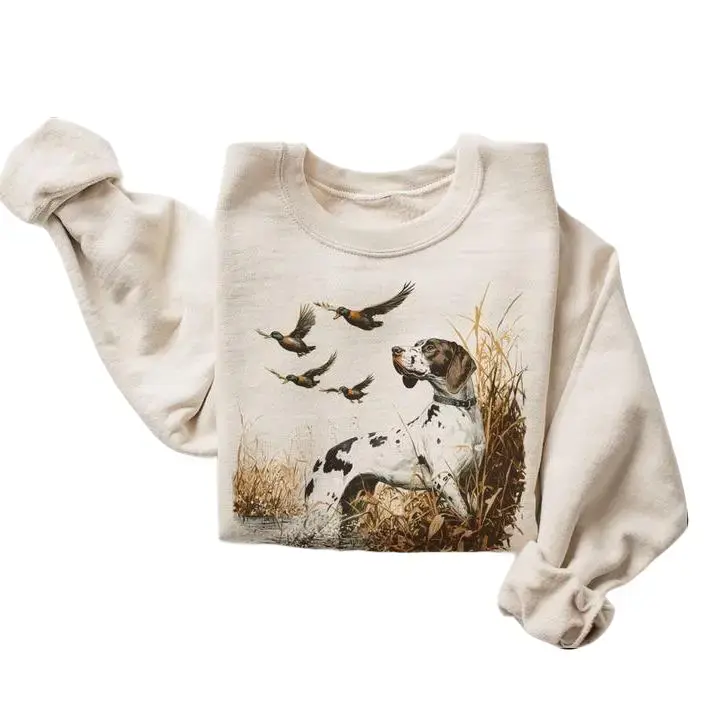 Women's Retro Printed Sweatshirt, 90s Vintage GSP & Mallard Duck Hunting Top, Long Sleeve Cotton Blend Pullover