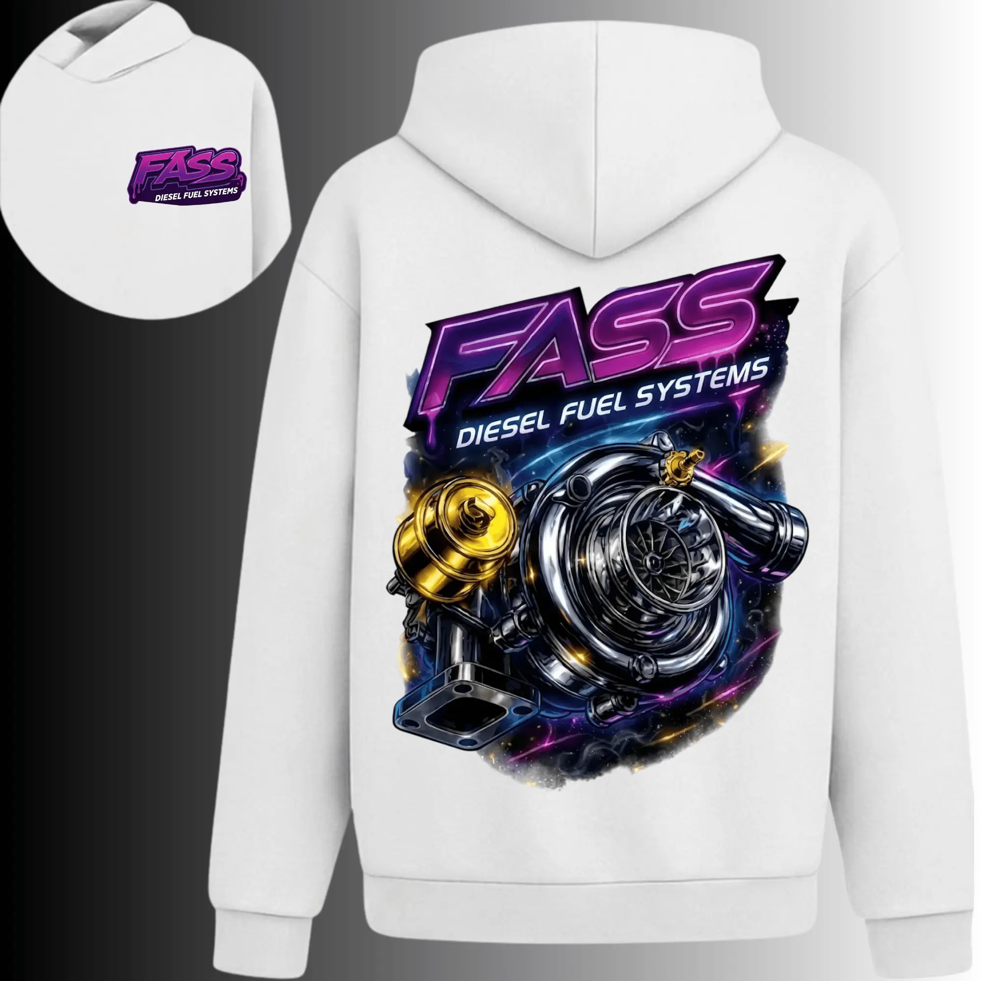 FASS Diesel Fuel Systems Turbocharger Hoodie, 2 Sides, Galaxy Diesel Mechanic Pullover