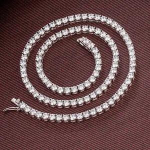 “3mm Three Prong Inlaid Shiny Synthetic Moissanite Tennis Chain 925 Sterling Silver Necklace – Unisex Hip Hop Rap Trend Gift Party Moissanite Synthetic Tennis Necklace”
