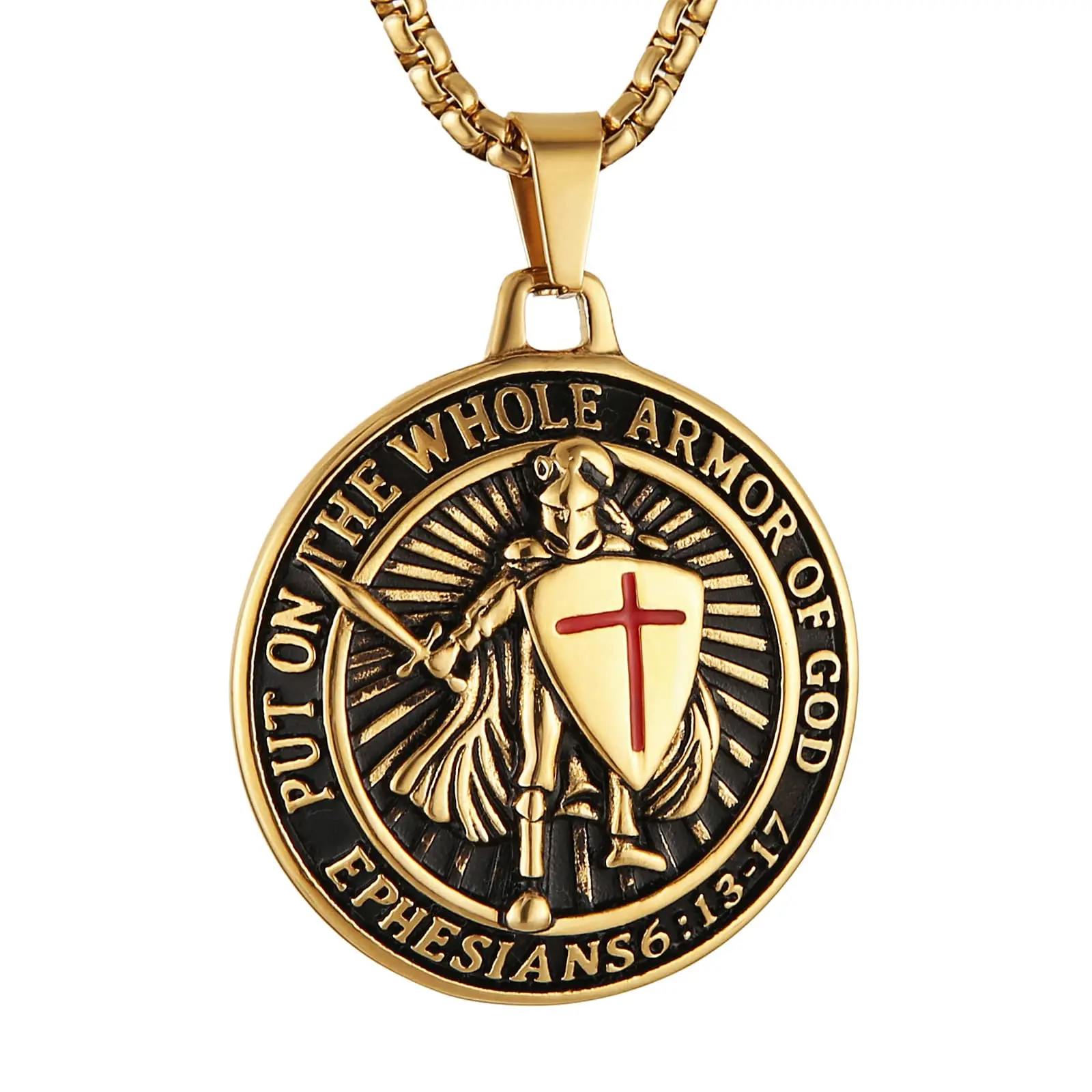 Knights Templar Stainless Steel Necklace for Men Red Cross Design, Put On The Whole Armor of God, Ephesians 6 13-17