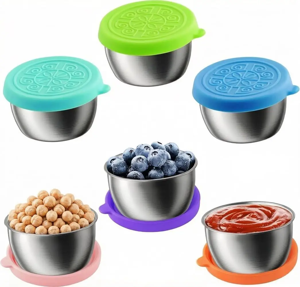 6-Pack Salad Dressing Containers, 1.6 oz Stainless Steel Condiment Containers with Silicone Lids, Leakproof Reusable Sauce Cups for Lunch Box, Picnic and Travel