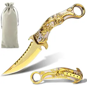 9"Pocket Knife for Men, Cool Folding Knife With 3D Golden Dragon Relief, Great Gift Edc Knife For Men Outdoor Survival Camping Hiking Hunting