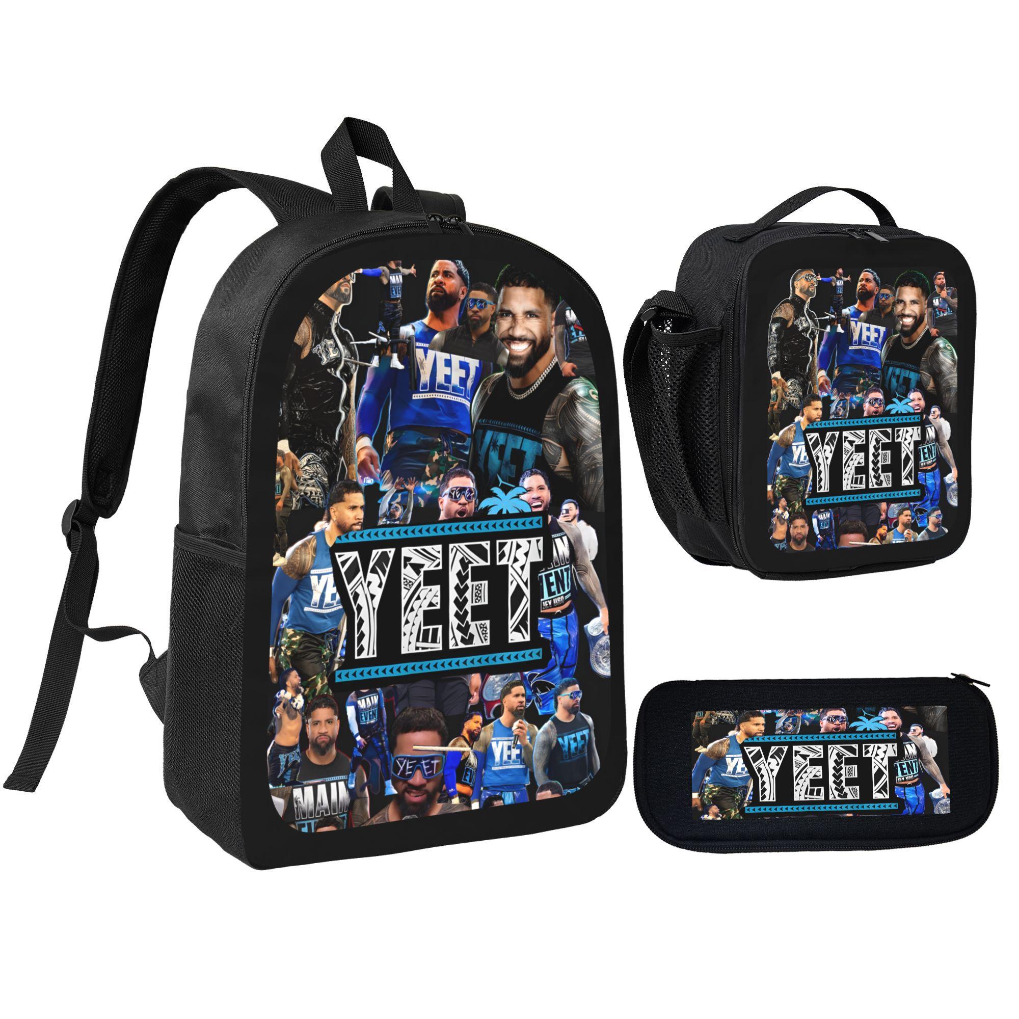 YEET Jey Uso Backpack School Travel Daily Lightweight Large Capacity Adjustable Comfortable Mesh Cushioning 3 In 1 Lunch Box Pencil Case Style For Boy Girl Teen Students Casual Outdoor Use Series-A