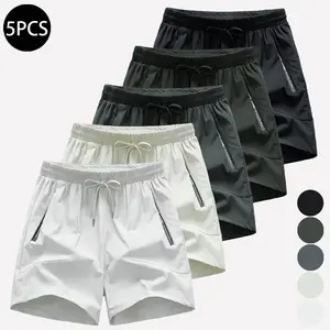 Men's 5-piece set of quick-drying sports shorts, solid color simple and versatile zipper pocket elastic five-point pants, suitable for summer and sports wear
