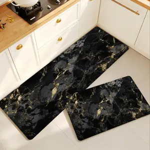 Modern Black Gold Marble Kitchen Mat Non-slip Rubber Backing Floor Rug Non-woven Fabric Runner for Sink Entryway Elegant Luxury Abstract Washable Indoor Area Carpet Water Absorbent Stain Resistant Low Profile Home Decor stylish