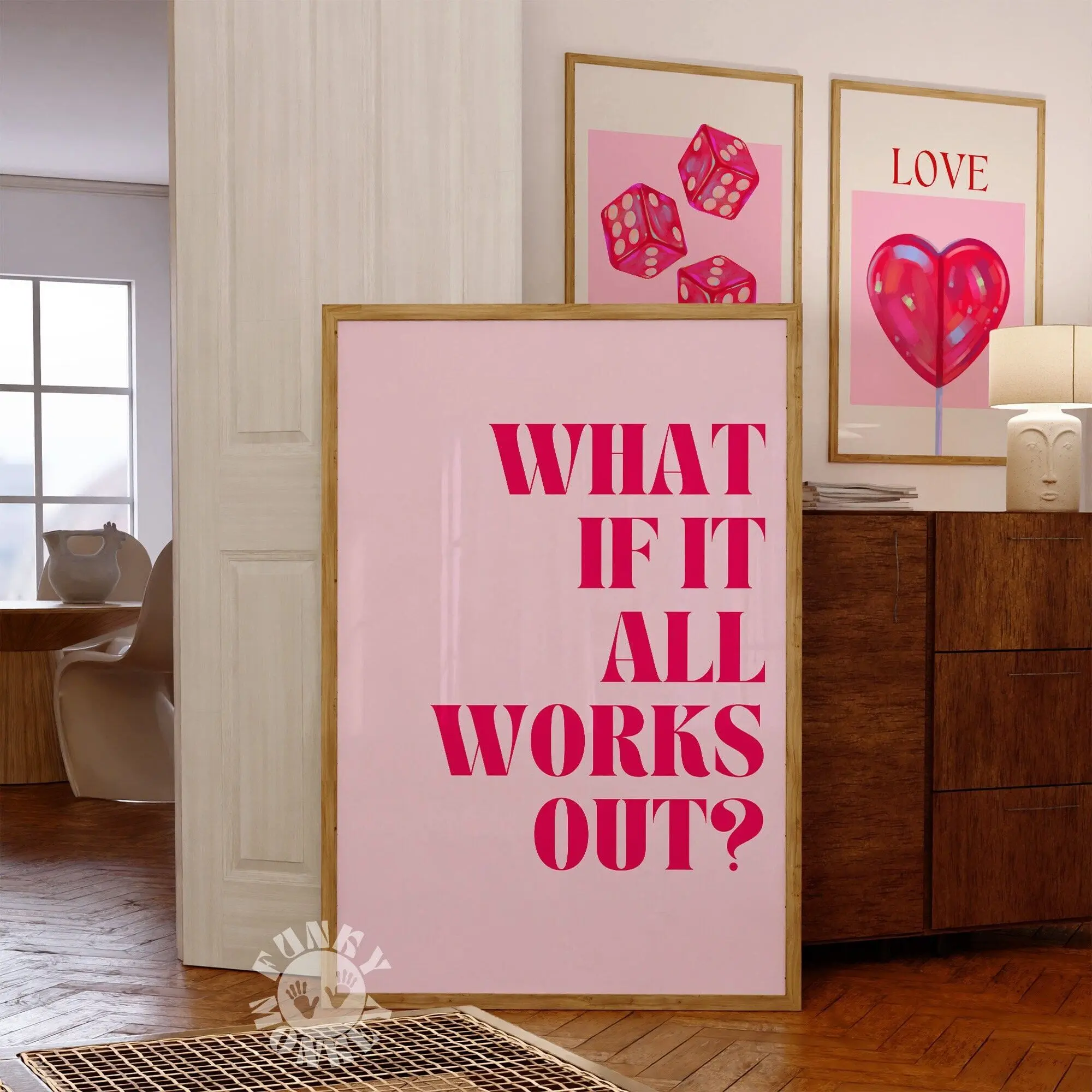 "What If It All Works Out" Blush Pink Artistic Typography Wall Art Poster, Multi-Size Waterproof PVC Tube-Mounted Home Decor, Box-Packaged Framed or Unframed, Houndstooth-Marble-Polka Dot-Plaid-Stripes Accent for Women’s Balcony & Kid Room