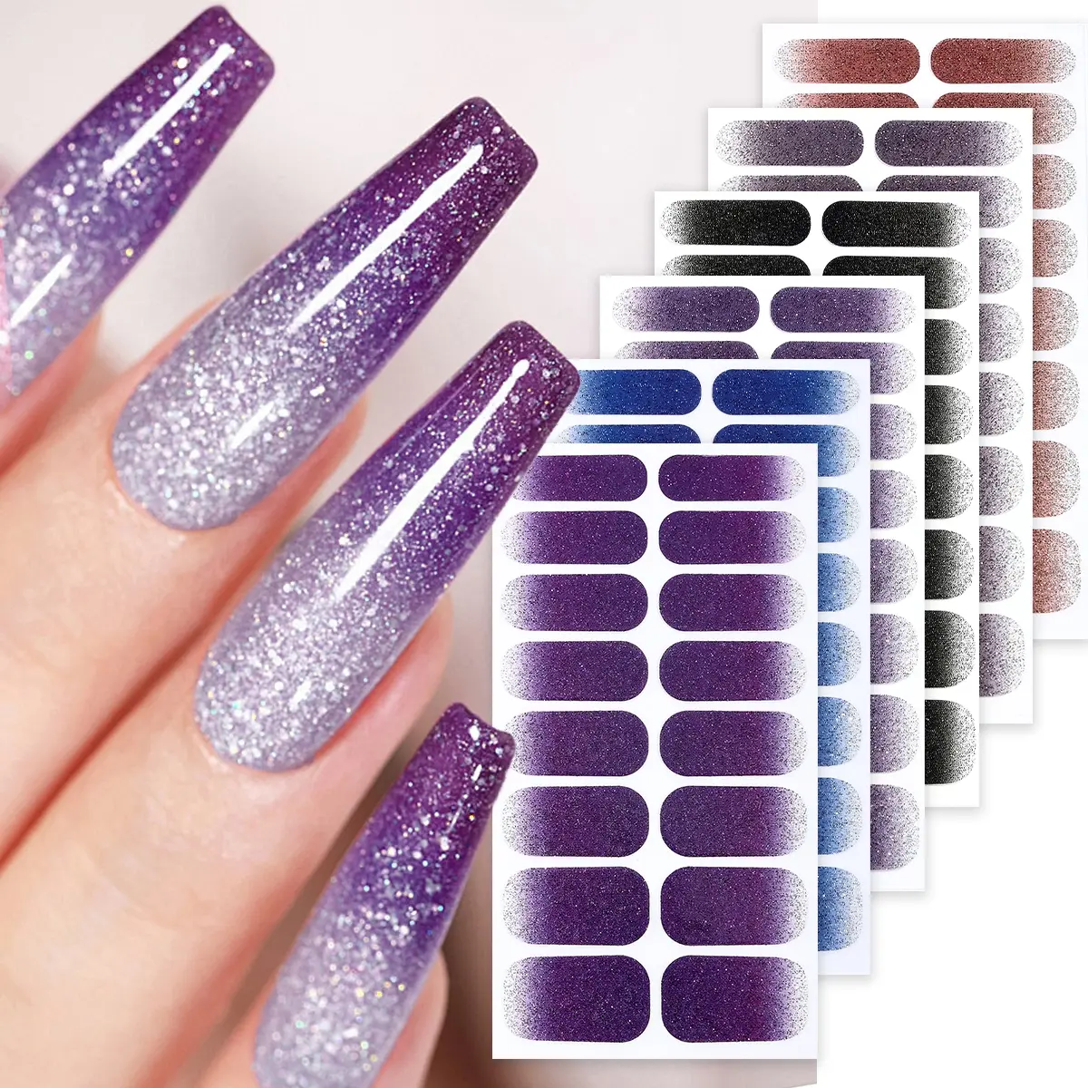 6 Sheets Full Cover Nail Polish Strips, Gradient Shiny Self-Adhesive Nail Stickers, Stick on Nails, DIY Home Use Nail Art Design Nail Art Decoration Kit for Women