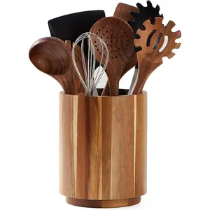 Wood Utensil Holder for Kitchen Counter, 360° Rotating 7.2" Wooden Cooking Utensil Crock for Countertop, Farmhouse Kitchen Decor