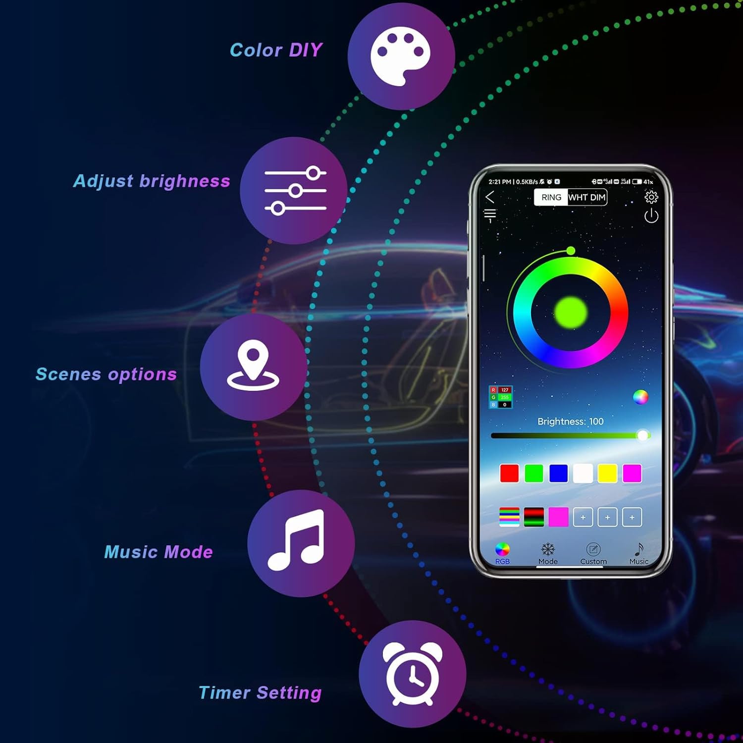 4Pods High-Quality RGB Car Rock Lights Underglow with Bluetooth-Compatible App Control, Multi-Color Neon Music Mode, IP68 Waterproof, Fit for Truck, ATV, UTV, RZR and SUV, Men's Car Lighting Gift LED Lights, Led Car Ambient Light