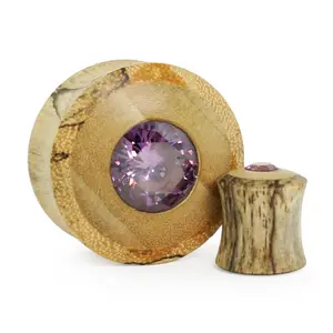 Tamarind - Crocodile Wood Plugs With Purple CZ Gem Inlay
