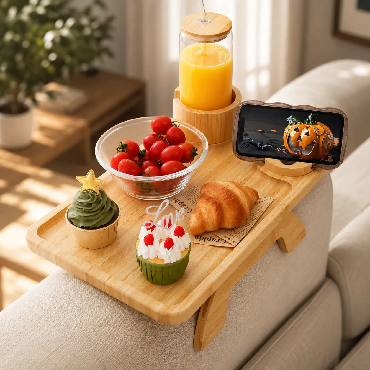 3-in-1 Clip-On Natural Grain Acacia Wood Sofa Armrest TV Tray Table - Spring Loaded Clip, 360° Phone Mount, Cup Holder, Space-Saving Stable Surface for Lovers’ Snacking, Watch Parties (Includes Screws)