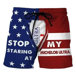 Stop Staring At My Michelobbb Hawaiian Shorts, Beer Ultra US Flag Beach Shorts, 4th of July Outfit, Tropical Beer Print Swim Trunks, Summer Beach Shorts for Men, Gift for Beer Lovers