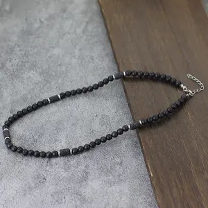 New Natural Stone Men Necklace 6mm Tiger Eyes Volcanic Rock Beads Collar Healing Neck Jewelry Accessories Perfect Gift For Him