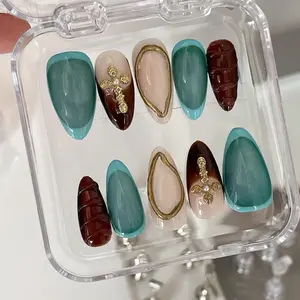 Luxury Teal Tortoise Press On Nails | Gold Cross French Almond Nails