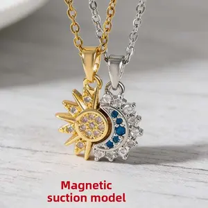 New moon and sun couple necklace with magnetic clasp, unisex clavicle chain