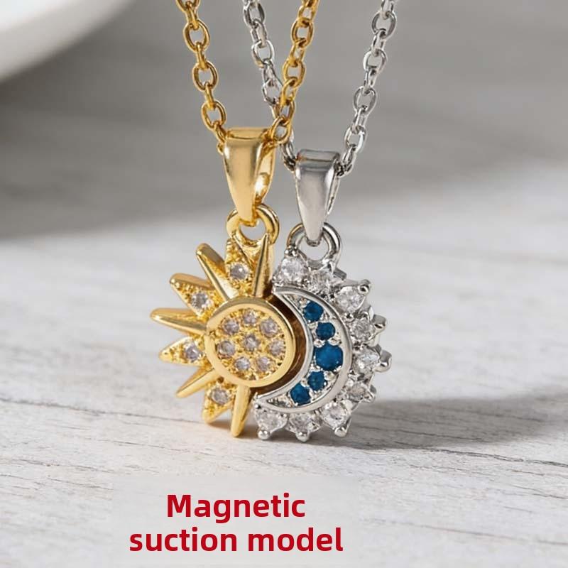 New moon and sun couple necklace with magnetic clasp, unisex clavicle chain
