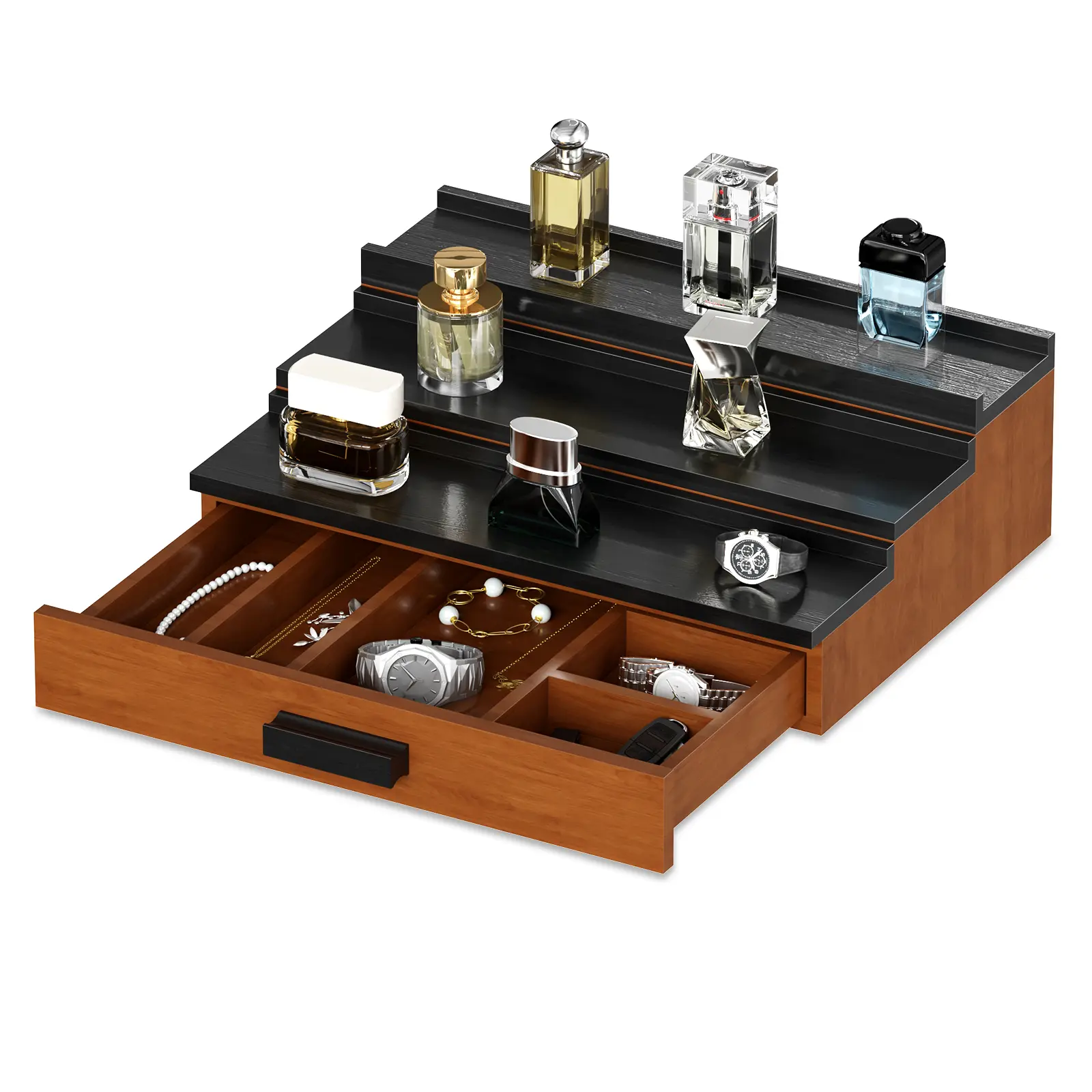 🖤 3-Tier Black Wood Cologne Organizer – Hidden Compartment + Drawer! The Shelf Your Fragrance Collection Deserves. Link in bio!