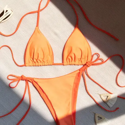 Two-Piece Set Women's Solid Tie Back Bikini Set, Halter Triangle Bra & Tie Side Thong Bikinis for Summer, Swimsuit Sets, Summer Fit Halter Neck Bikinis, Swimsuit Style Bikini, Summer Bikini Beach, Bikini Swimsuits, Bikini Swimwear Set