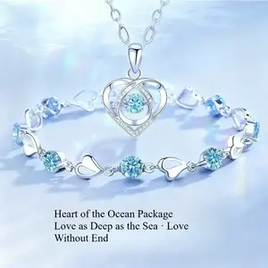 Trendy Sterling Silver Heart Shaped Necklace Bracelet Set for Women, Vintage Korean Crystal Bracelets High Quality Set Party Jewelry