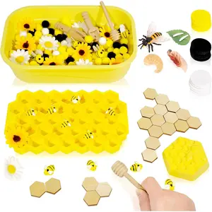Bee Sensory Bin Fillers, Bee Hive Montessori Toys for Toddlers, Counting Sorting Toys for Kids, Pom Poms Sunflowers Honeycomb Fine Motor Toys for Early Learning