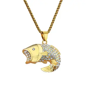 Hip Hop Ice Out Bling Fish Pendant Gold Color Stainless Steel Ocean Animal Necklace For Woman/Men Cute Fashion Jewelry Gift