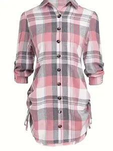 A women's pink checkered Plaid collarless rolled-edge sleeve Adjustable drawstring Slim dress, Chic versatile and suitable for both casual and formal occasions.