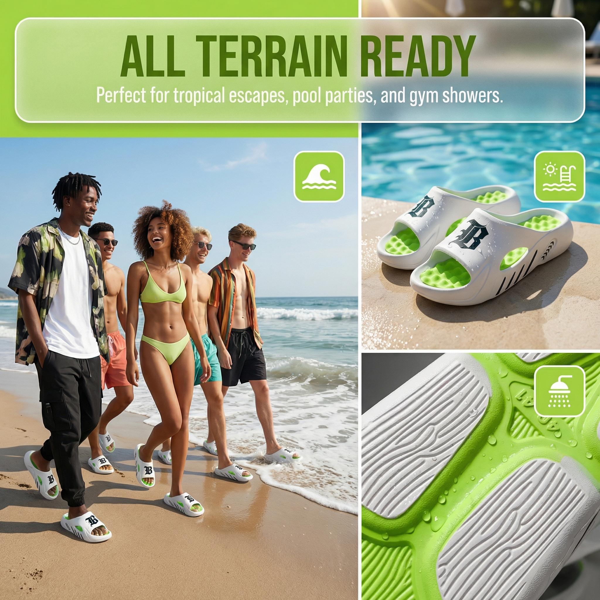 Men’s EVA Slide Sandals with Bold Letter Print – Breathable Hollow Design, Non-Slip Sole, Massaging Footbed, Stylish Summer Slippers for Indoor & Outdoor Walking Shoes Footwear Black，great for match day comfy sports lippers beach