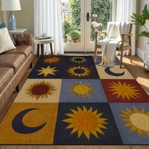 Bohemian Style Vintage Sun Moon Print Large Carpet Mat, Creative Art Fashion Trendy High-Quality Washable Foldable Non-Slip Easy Clean Bohemian Area Rug, Boho Style Rug, Vintage Printed Rug, Home Decor Rug