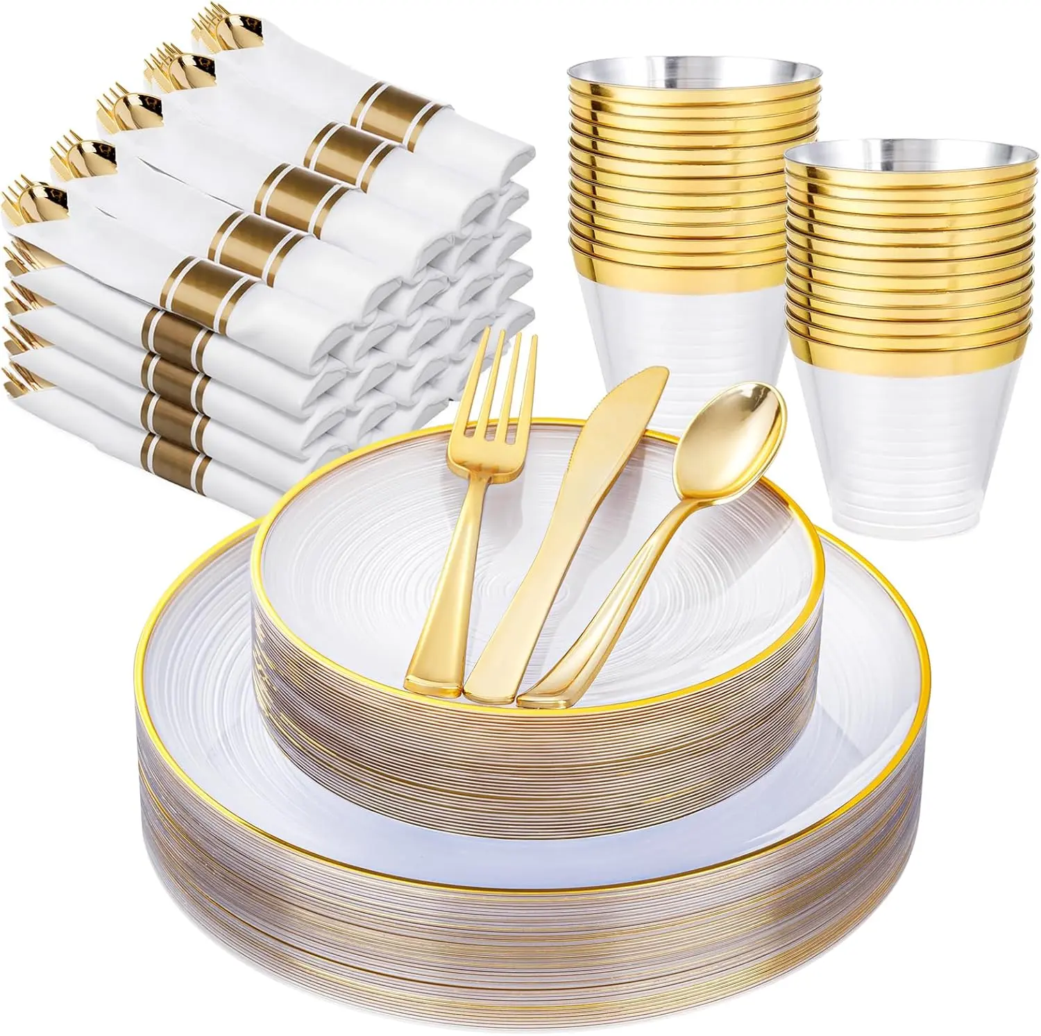 Sturdy Gold Disposable Tableware Supplies - 175PCS Round Plastic Gift Set for 25 Guests, Home Party, Weddings, Includes 50 Plates, 75 Pre-Rolled Napkins, 25 9oz Disposable Plastic Cups