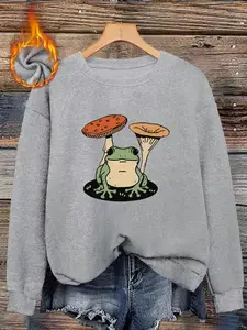 Women's Fall Winter Fitted Graphic Sweater, Soft Warm Knit Top with Frog Mushroom Print, Casual Comfortable Daily Wear