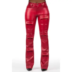 Keazhanae Red PU Cargo Stacked Flare Pant