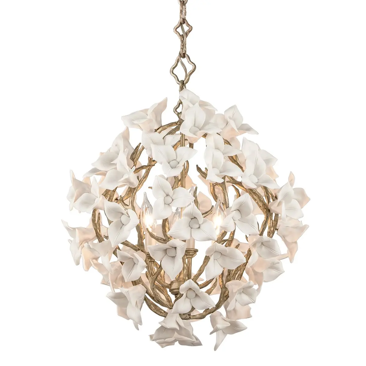 Lily Chandelier with Porcelain Flowers and Enchanted Silver Leaf Finish for Elegant Lighting